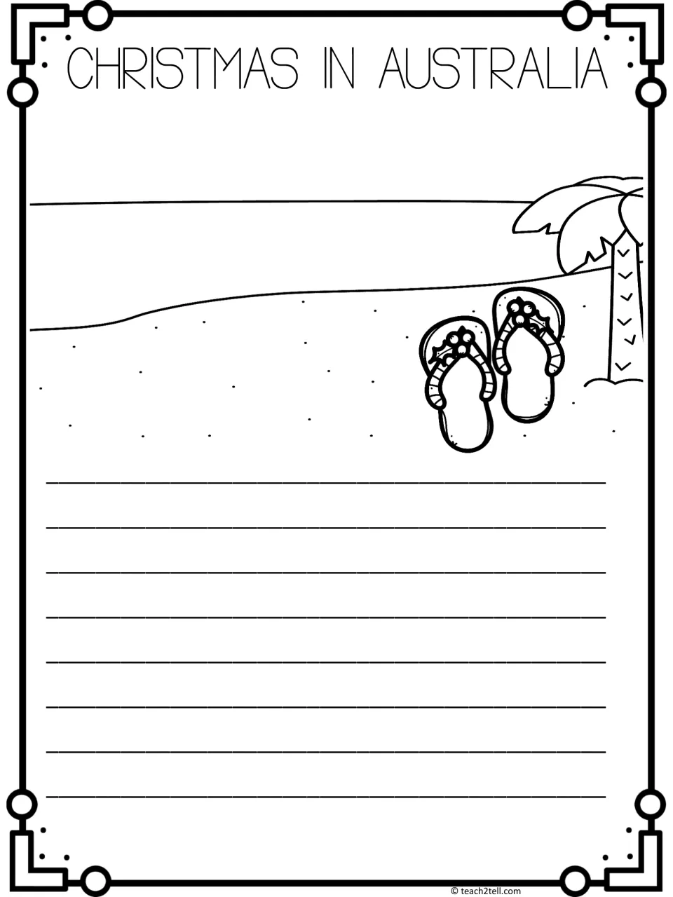 Christmas in Australia writing page: students write facts below a beach scene with flip-flops and a palm tree