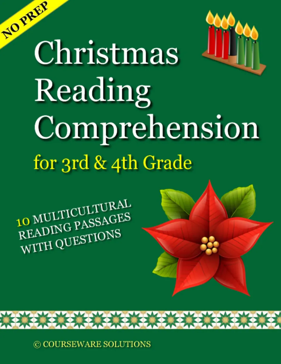 Cover of the holiday reading packet for grades 3–4, featuring 10 multicultural passages with questions