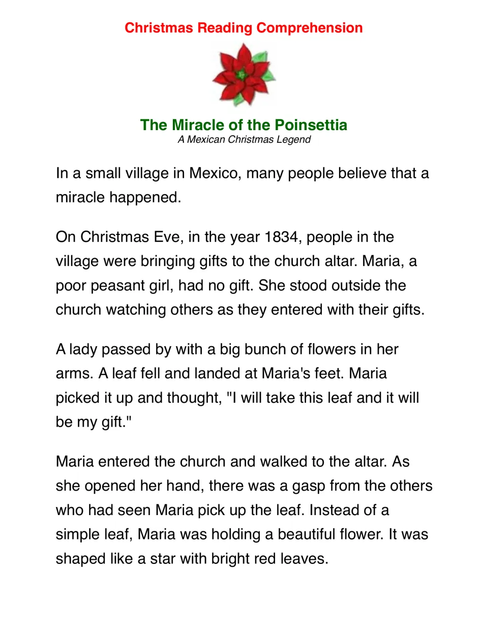 The Miracle of the Poinsettia begins: Maria brings a leaf to church, where it becomes a red, star-shaped flower