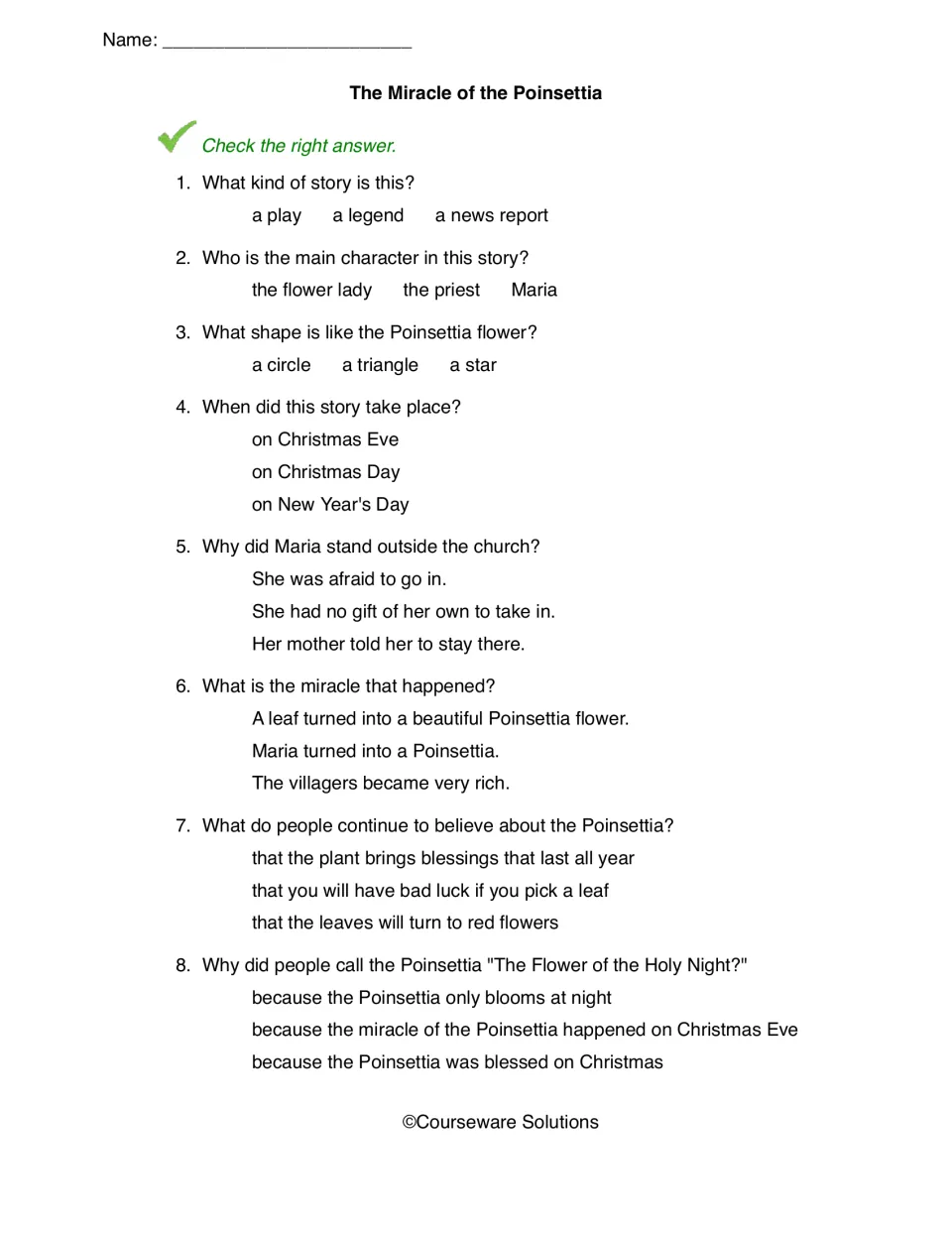 Eight multiple-choice questions on the poinsettia legend cover Maria, Christmas Eve, the miracle, and beliefs