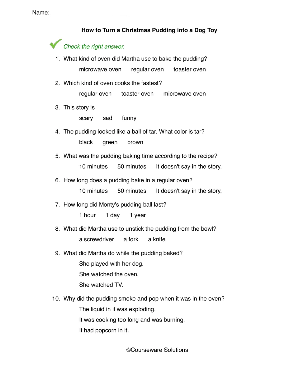 Ten multiple-choice questions on Martha’s pudding story cover oven type, cooking time, Monty, and burning
