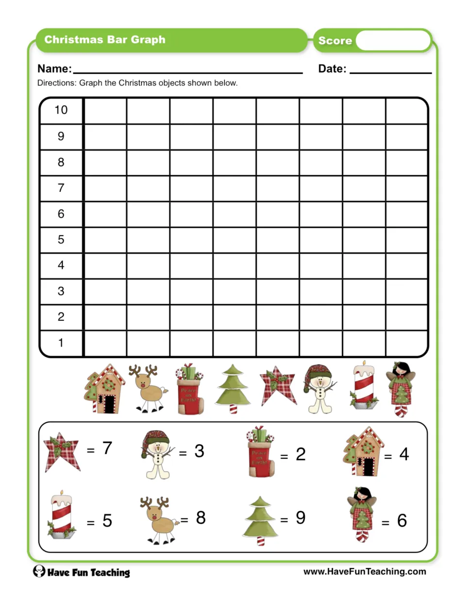 Christmas bar graph: students shade bars from 1 to 10 for eight holiday pictures using counts such as star = 7, tree = 9