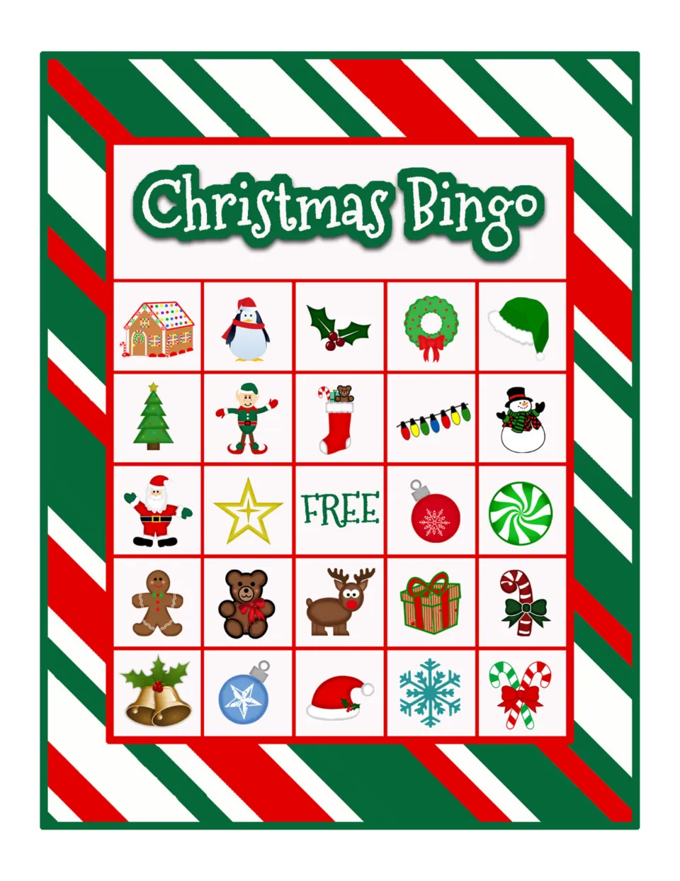 Christmas Bingo card: players match called pictures, top row gingerbread house, penguin, holly, wreath and elf hat