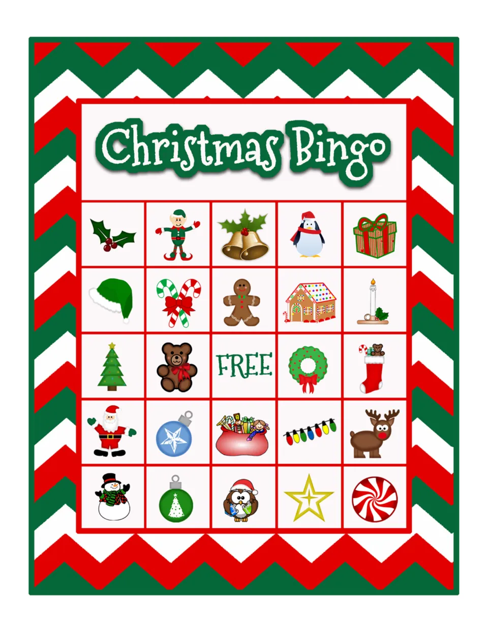 Christmas Bingo card for picture matching; top row shows holly, an elf, golden bells, a penguin and a wrapped gift