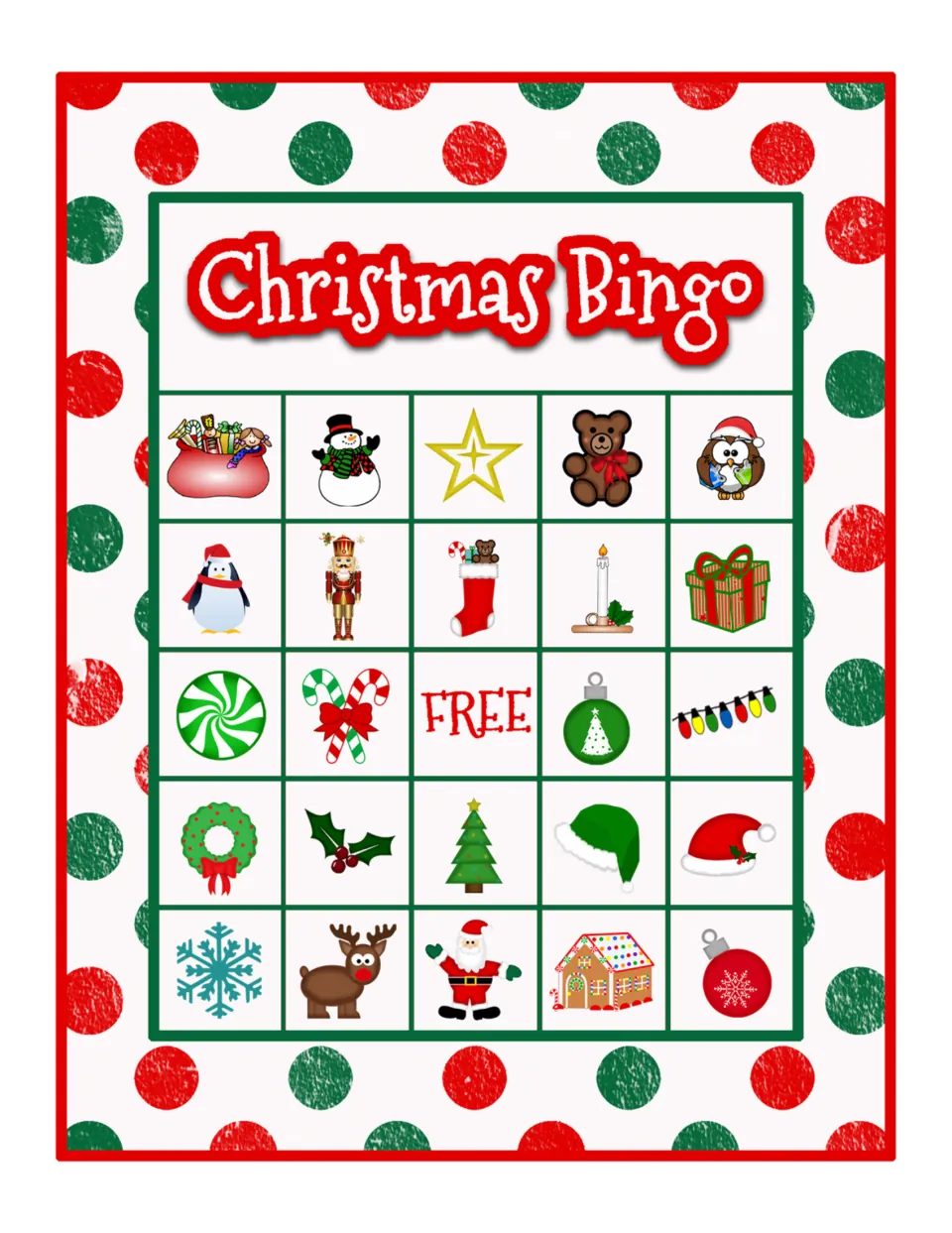 Christmas Bingo picture card; top row: toy sack, snowman, gold star, teddy bear and an owl in a Santa hat