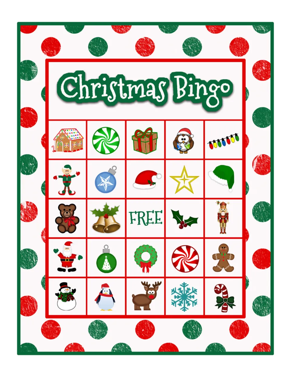Christmas Bingo card: students mark called images, top row gingerbread house, green peppermint, gift, owl and lights