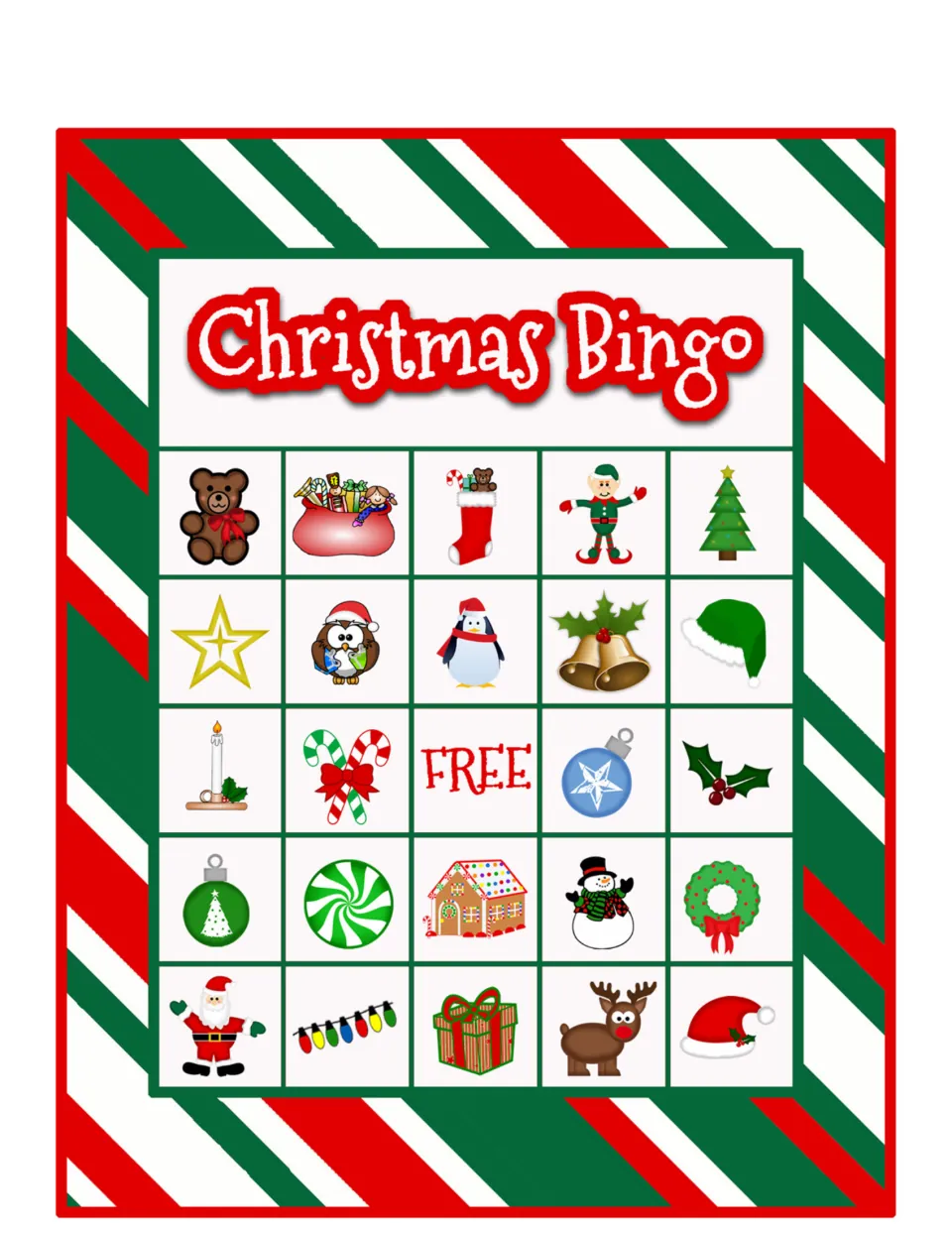Christmas Bingo card for matching holiday pictures; top row: teddy bear, toy sack, stocking, elf and a Christmas tree