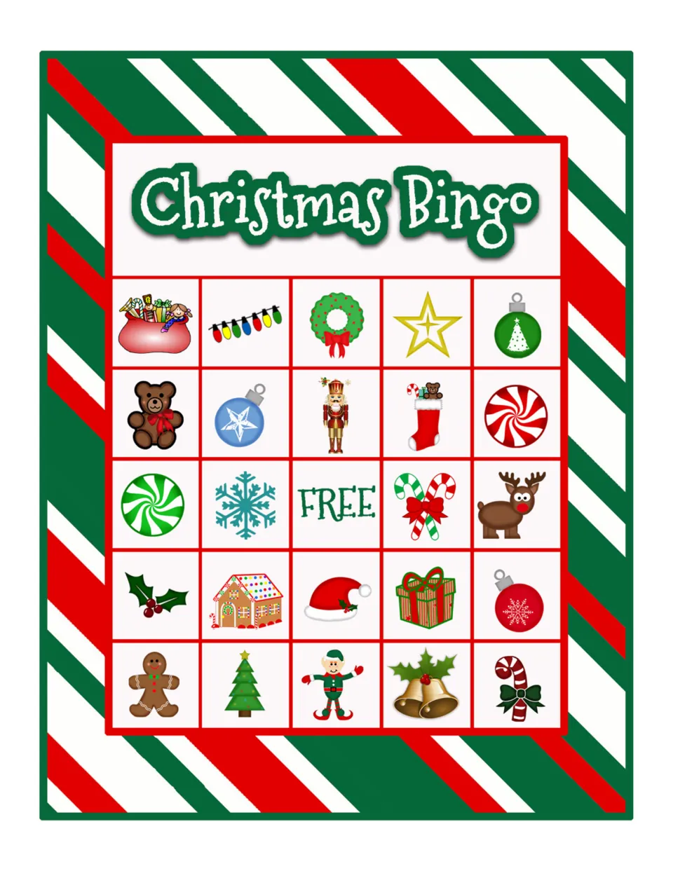 Christmas Bingo card for spotting called pictures; top row: toy sack, lights, wreath, gold star and green ornament