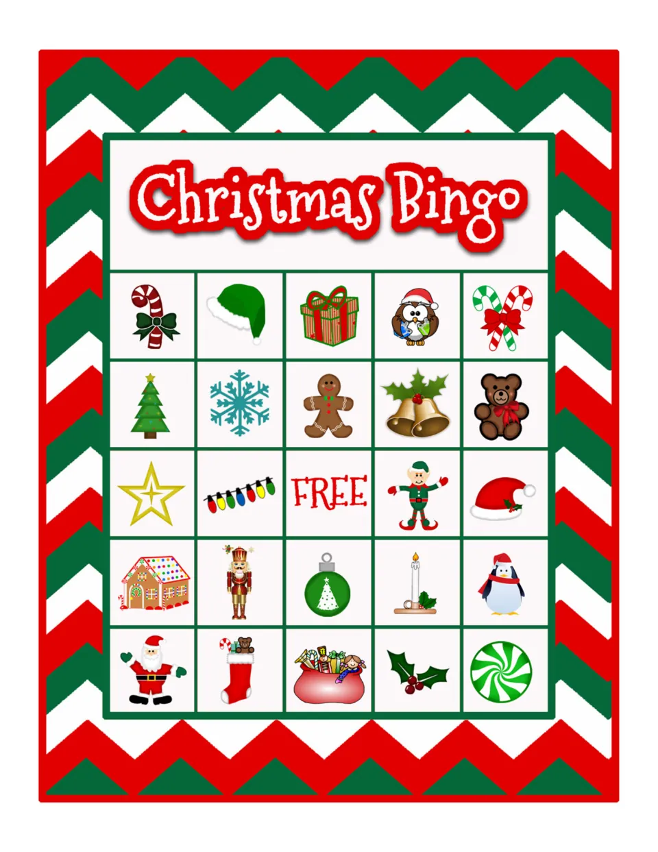 Christmas Bingo card: players listen and cover pictures; top row candy cane, elf hat, gift, owl and crossed candy canes