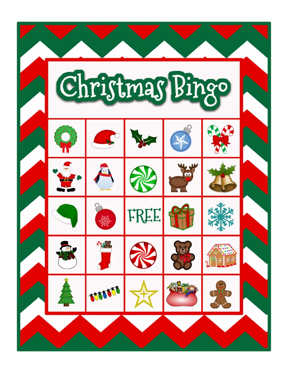 Christmas Bingo card for picture recognition; top row: wreath, Santa hat, holly, blue ornament and crossed candy canes