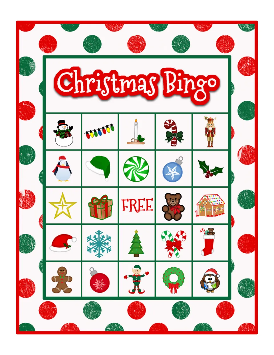 Christmas Bingo card to cover as items are called; top row: snowman, lights, candle with holly, candy cane and nutcracker