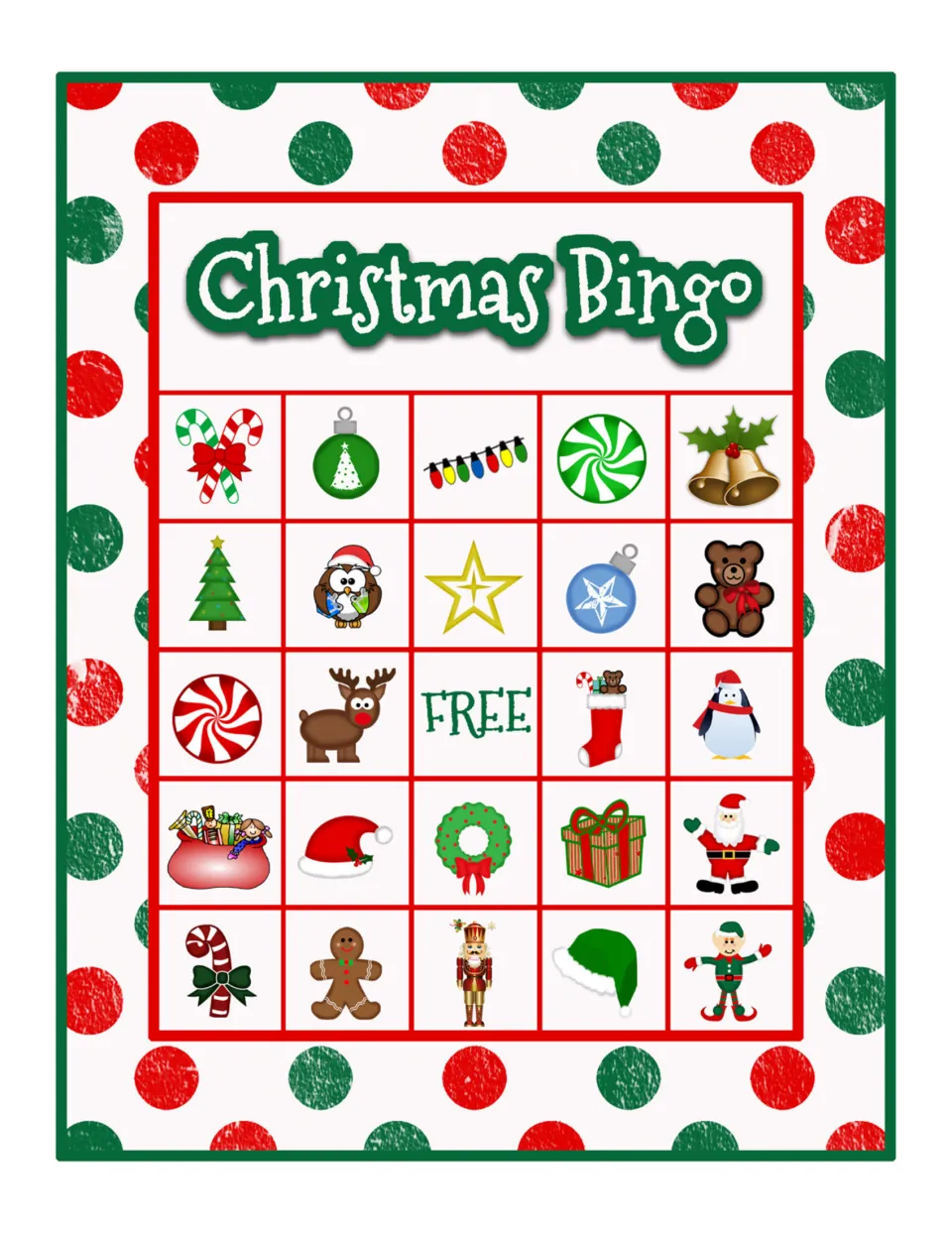Christmas Bingo card: mark matching images; top row crossed candy canes, green tree ornament, lights, peppermint and bells