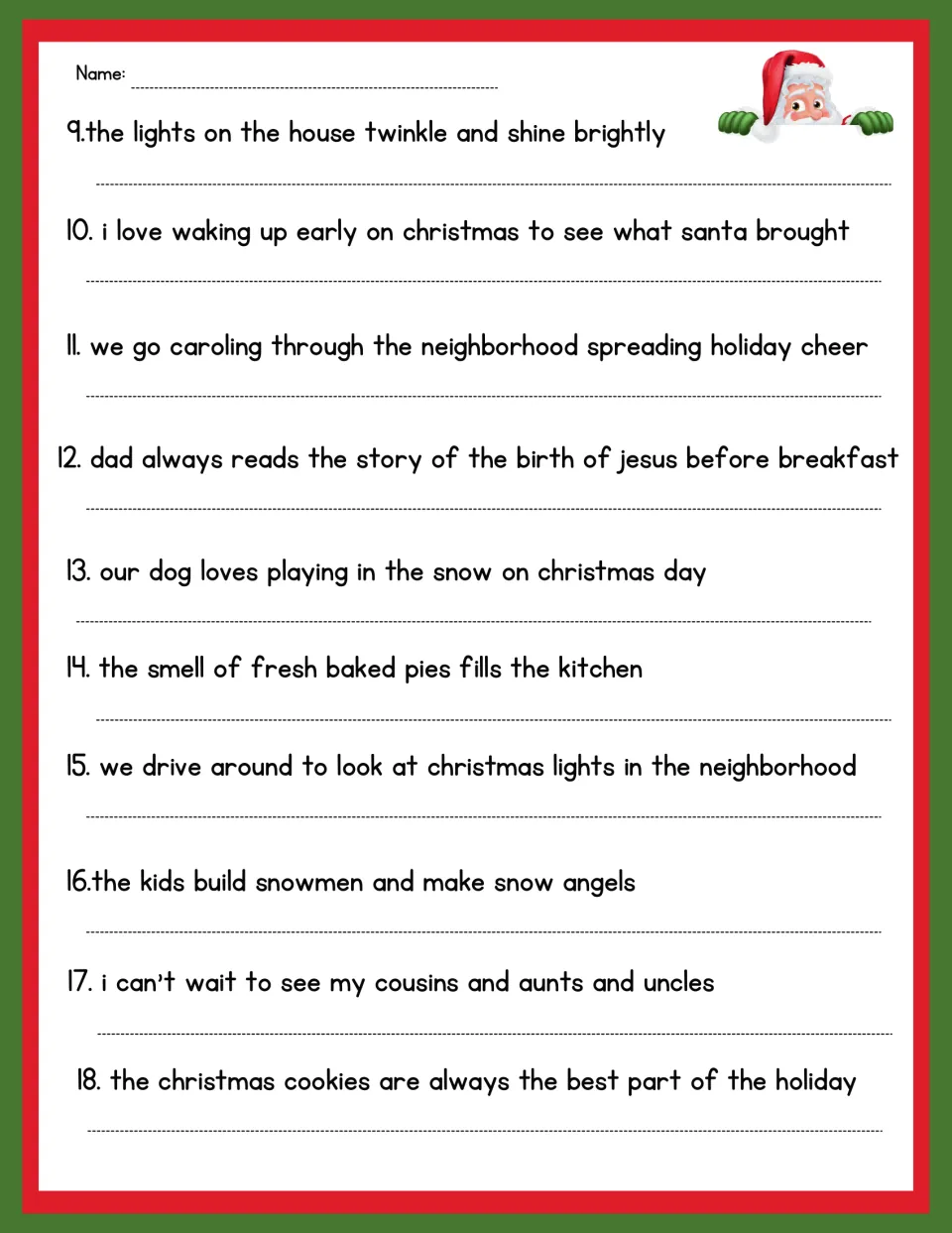 Capitalization and punctuation practice, sentences 9–18: house lights, Santa, caroling, and Jesus