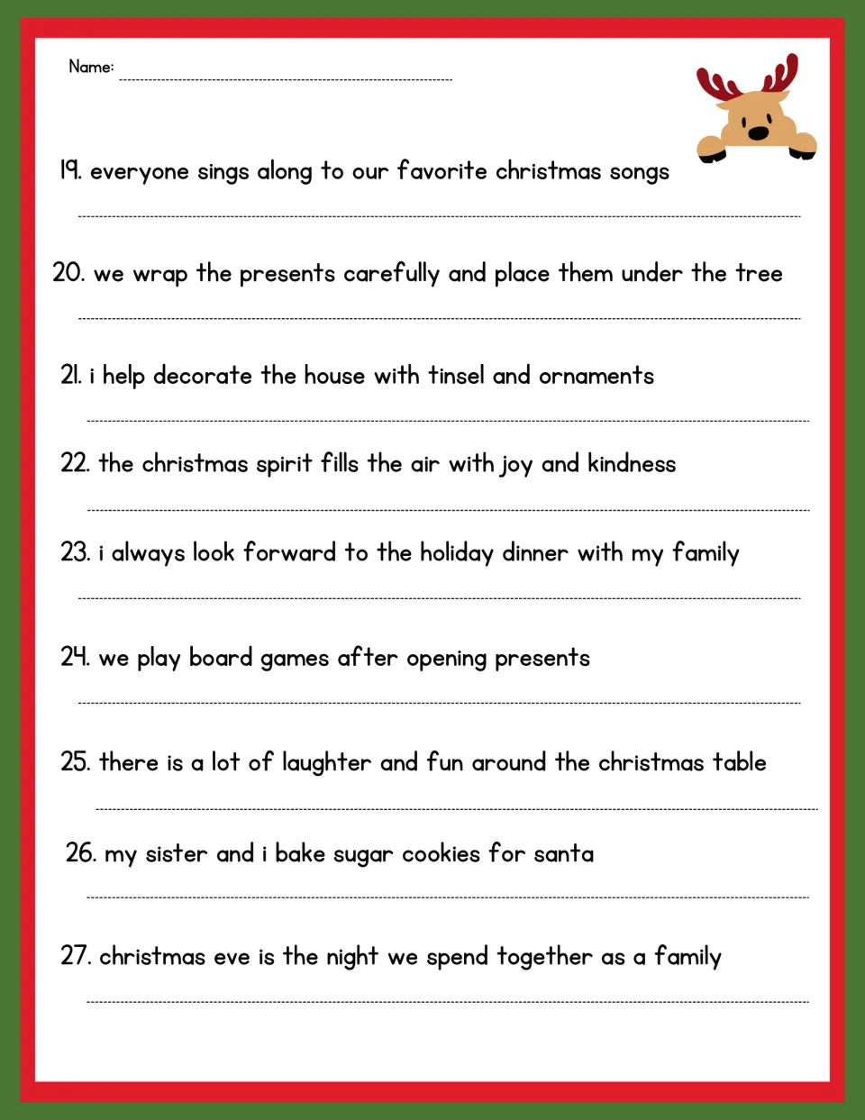 Capitalization and punctuation practice, sentences 19–27: Christmas songs, wrapping presents, and family