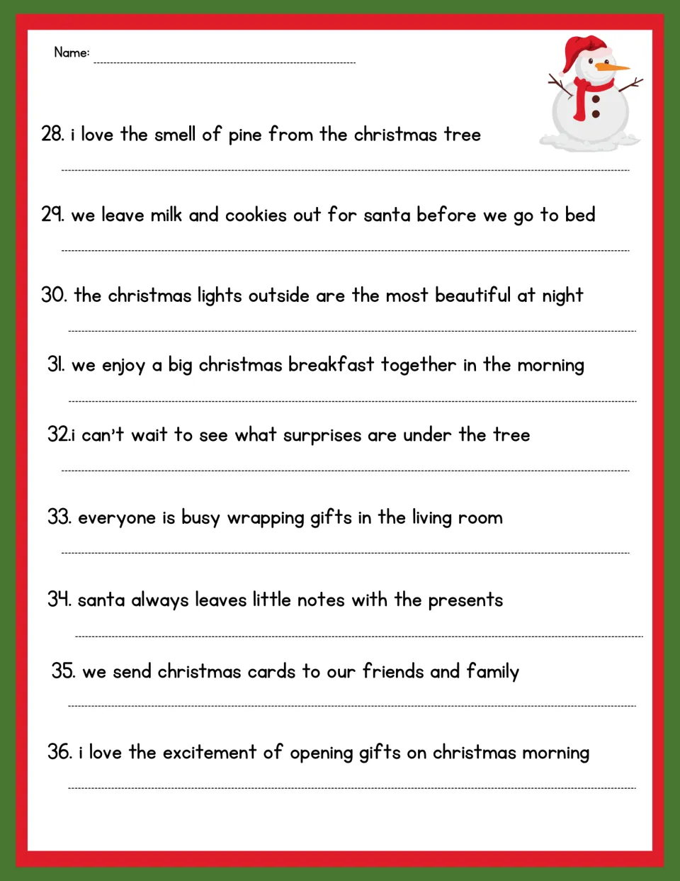 Capitalization and punctuation practice, sentences 28–36: pine scent, cookies for Santa, and Christmas cards