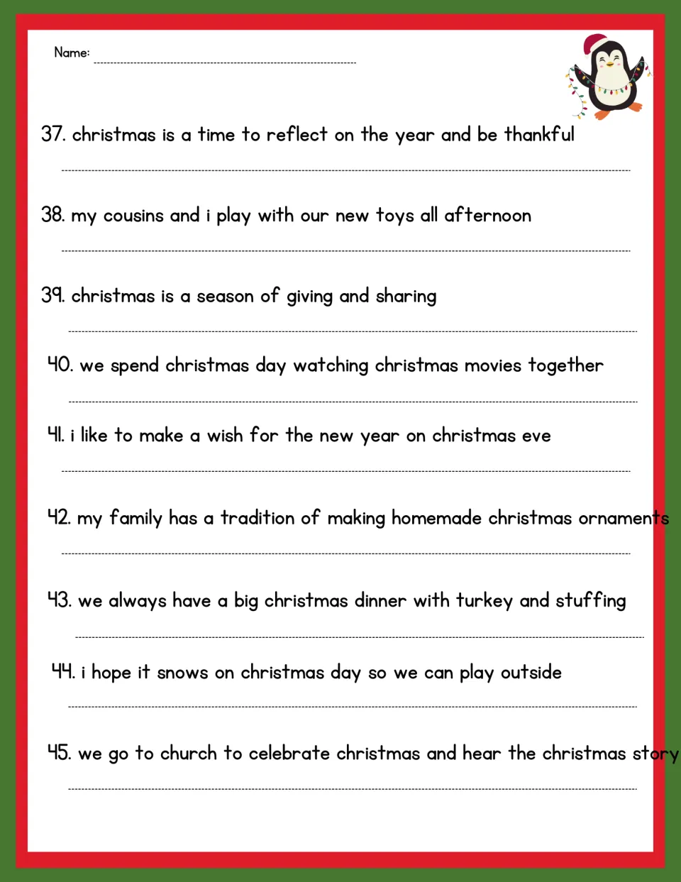 Capitalization and punctuation practice, sentences 37–45: giving, Christmas movies, ornaments, and church