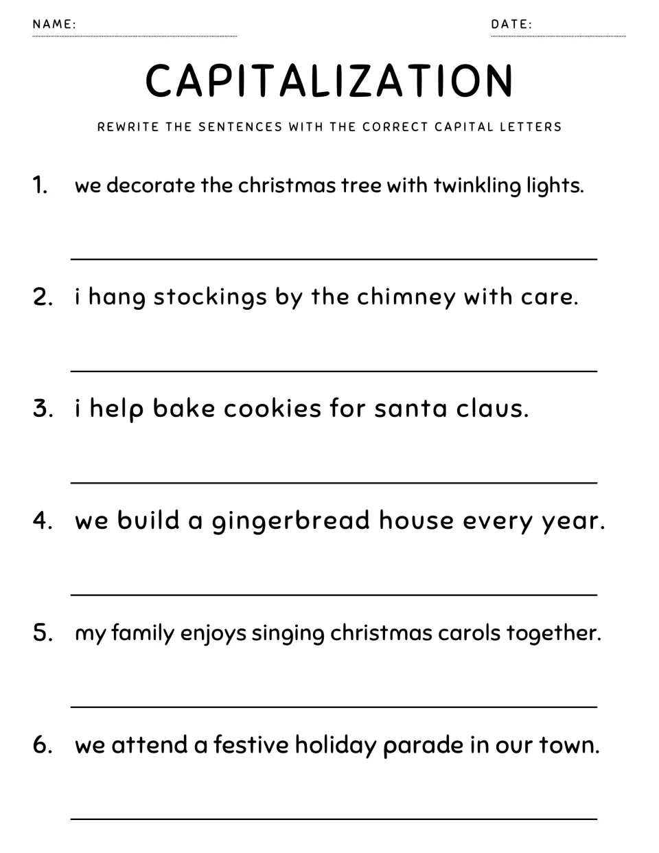 Capitalization: students rewrite 6 sentences, like decorating the tree and baking for Santa, with capital letters