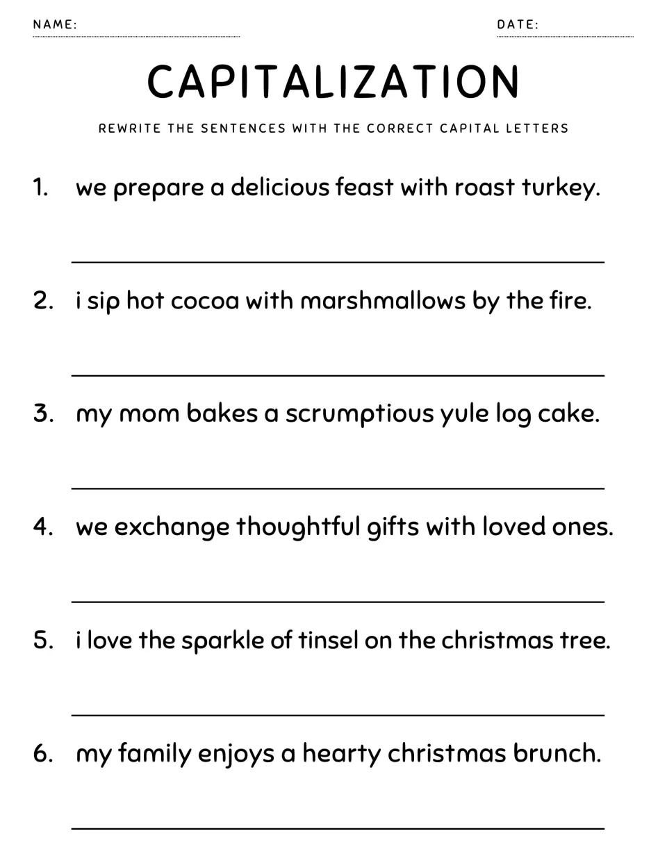 Capitalization: students rewrite 6 holiday food and gift sentences, like hot cocoa and yule log cake, with capitals