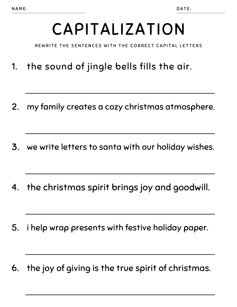 Capitalization: students correct 6 sentences on jingle bells, letters to Santa and wrapping presents by rewriting them