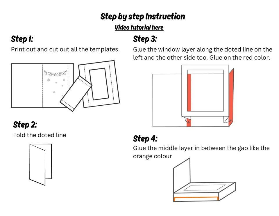 Christmas card craft steps 1 to 4: students cut out templates, fold the dotted line and glue the window and middle layers