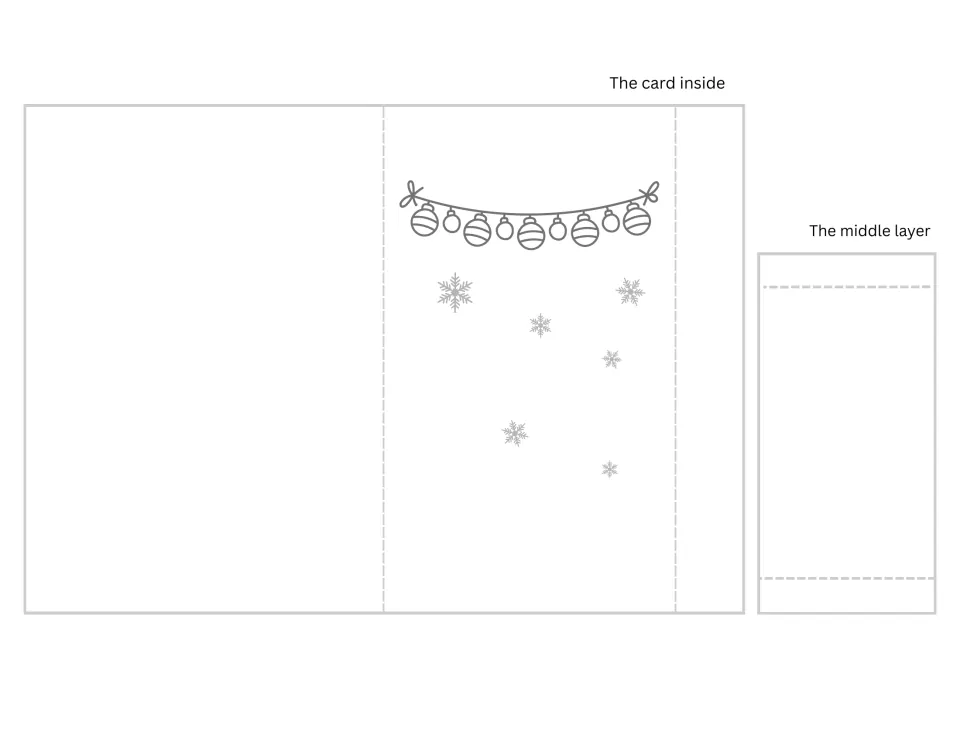 Black-and-white card inside template with ornament garland and snowflakes, plus a middle layer strip to cut out