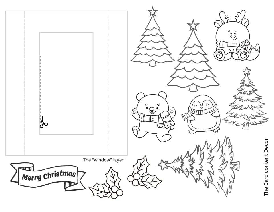 Black-and-white window layer to cut out, with trees, reindeer, bear, penguin, holly and a Merry Christmas banner to color