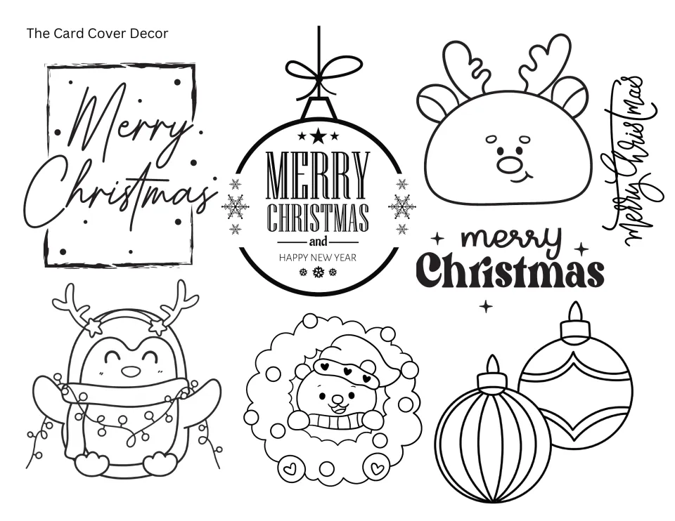 Black-and-white cover decorations to color and cut out: Merry Christmas lettering, reindeer, penguin, bear wreath, ornaments