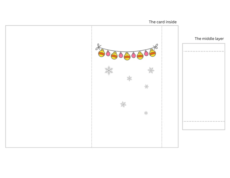 Full-color card inside template with yellow and pink ornament garland and snowflakes, plus a middle layer strip to cut out