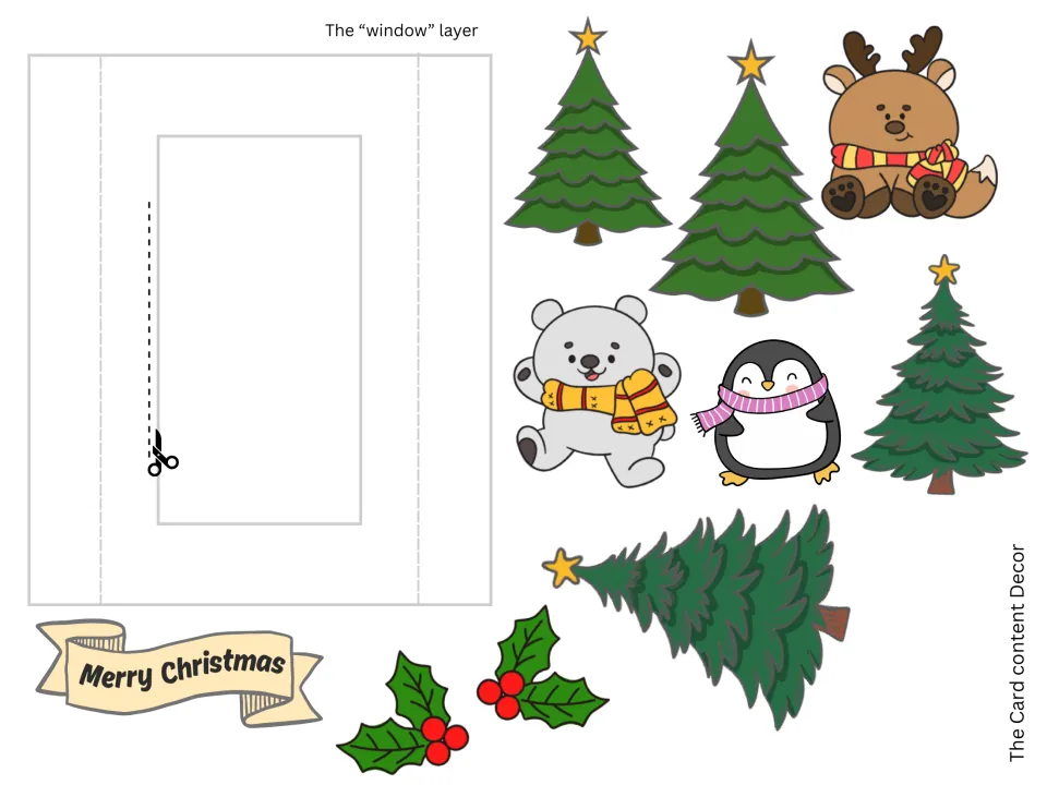 Full-color window layer to cut out, with green trees, a reindeer, polar bear, penguin, holly and a Merry Christmas banner