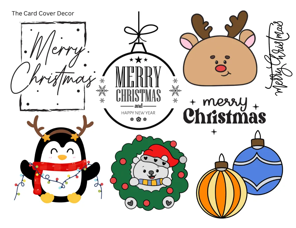 Full-color cover decorations to cut out: Merry Christmas lettering, reindeer face, penguin in lights, bear wreath, ornaments