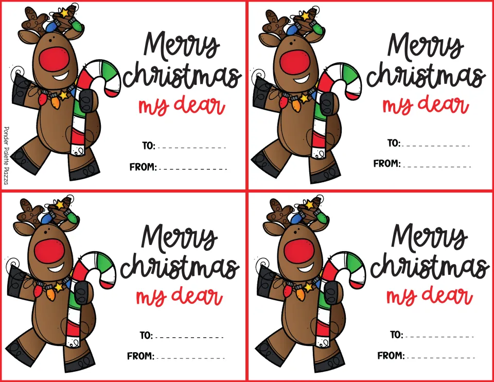 Four holiday cards with a smiling reindeer holding a candy cane, reading Merry Christmas my dear, with To and From lines