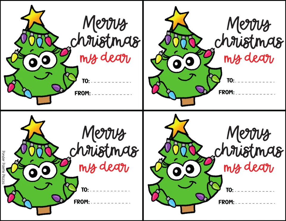 Four Christmas cards with a decorated tree topped by a star, reading Merry Christmas my dear, with To and From lines