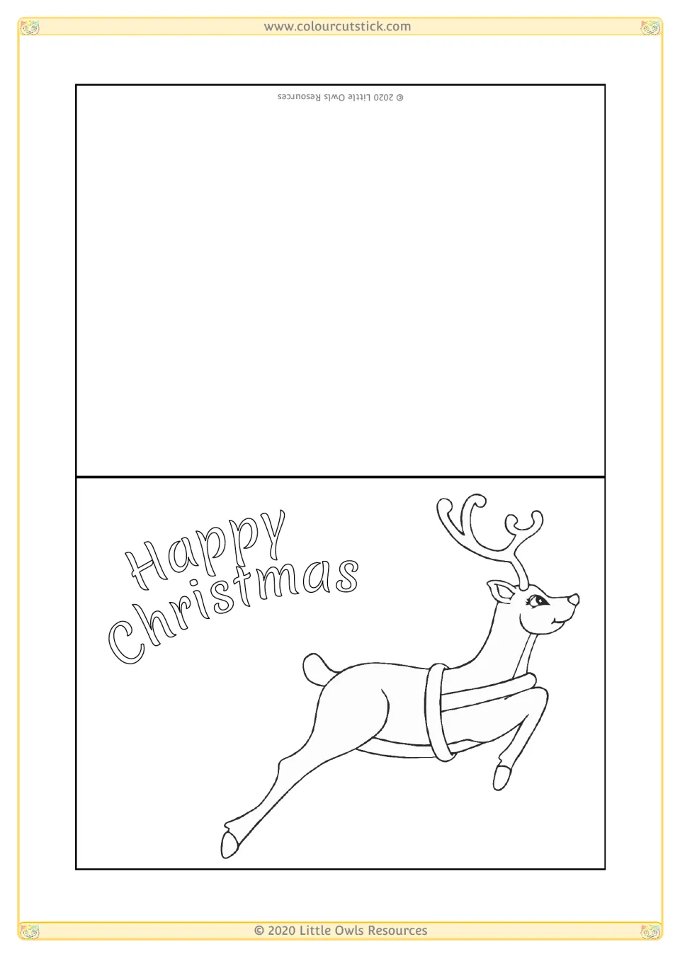 Christmas card template 1 for coloring and personalizing, featuring a leaping reindeer and 'Happy Christmas'.