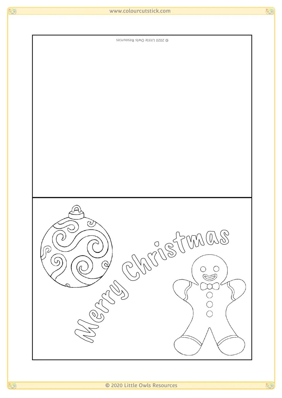 Christmas card template 2 for coloring, featuring 'Merry Christmas', a swirled ornament and a gingerbread figure.