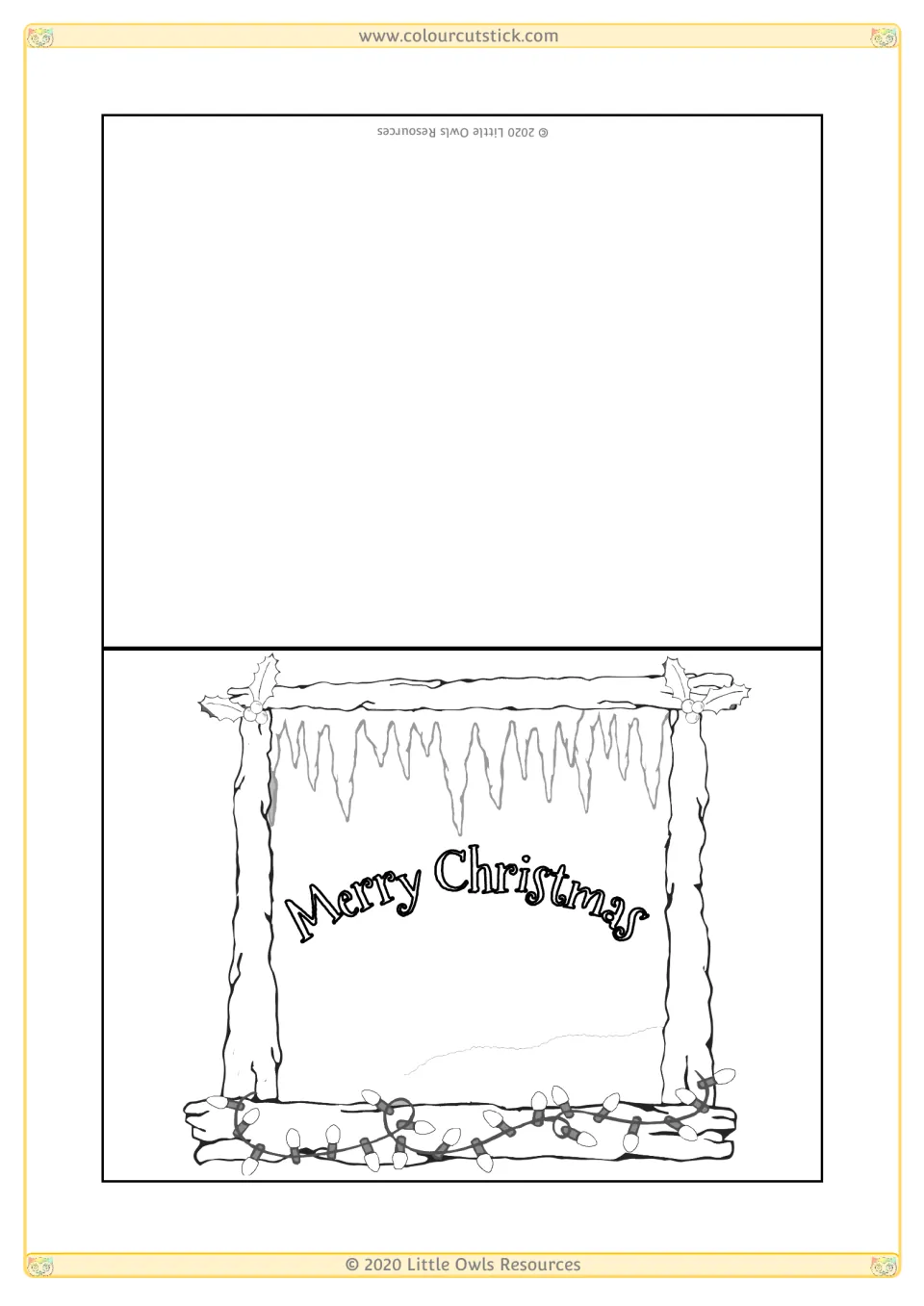 Christmas card template 3 for coloring, featuring 'Merry Christmas' surrounded by icicles, holly and lights.