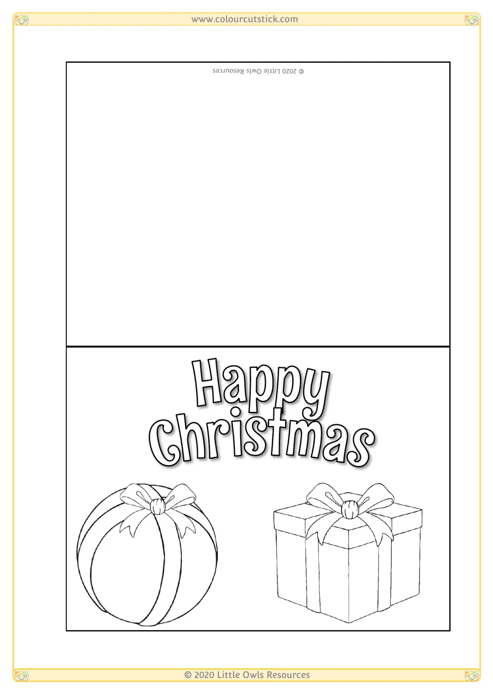 Christmas card template 4 for coloring, featuring 'Happy Christmas' above two wrapped gifts with bows.