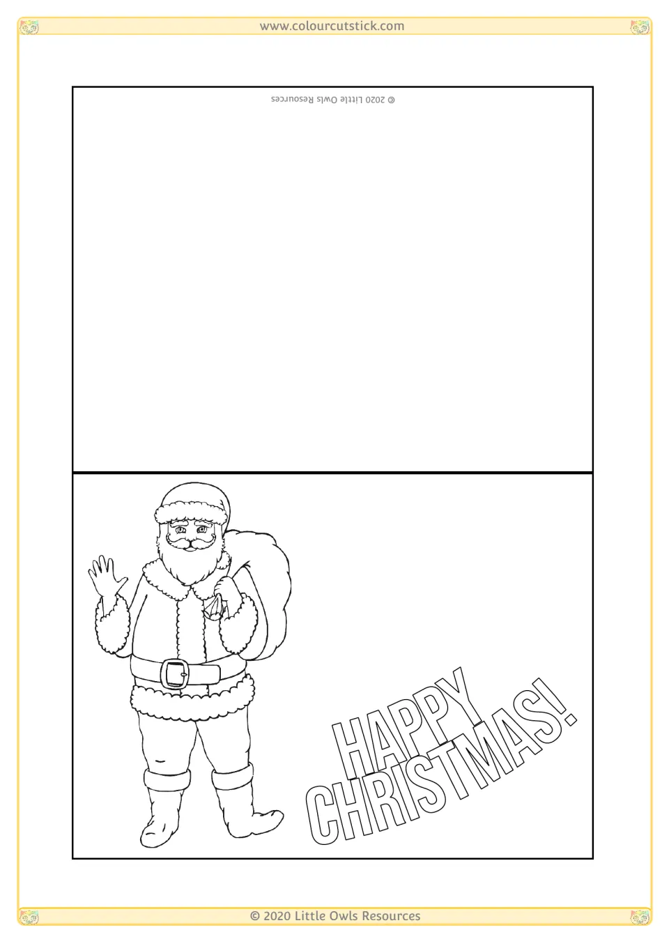 Christmas card template 5 for coloring, featuring a waving Santa carrying a sack and 'HAPPY CHRISTMAS!'.