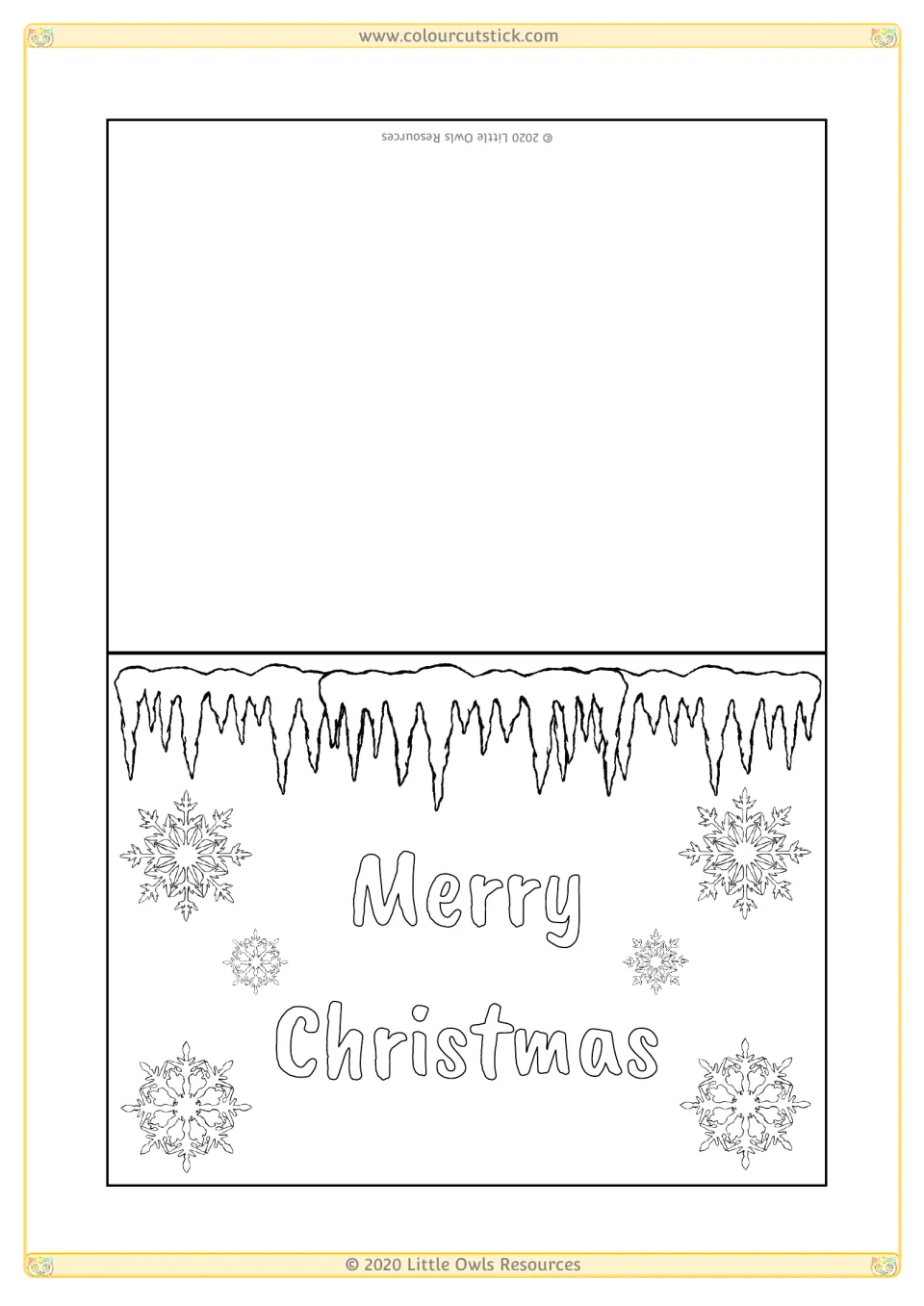 Christmas card template 6 for coloring, featuring 'Merry Christmas' with six snowflakes and hanging icicles.