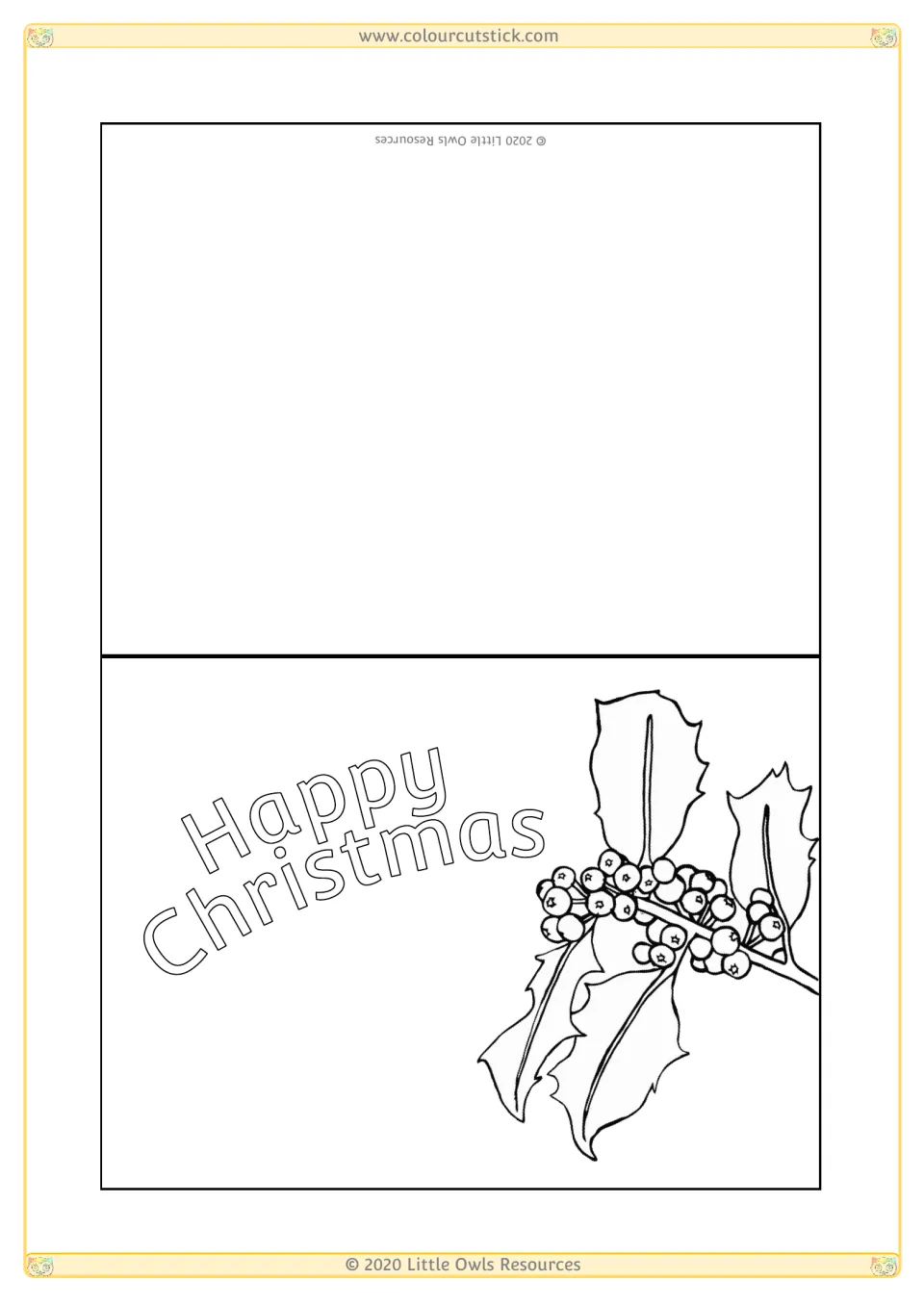 Christmas card template 7 for coloring and personalizing, featuring 'Happy Christmas' and holly with berries.