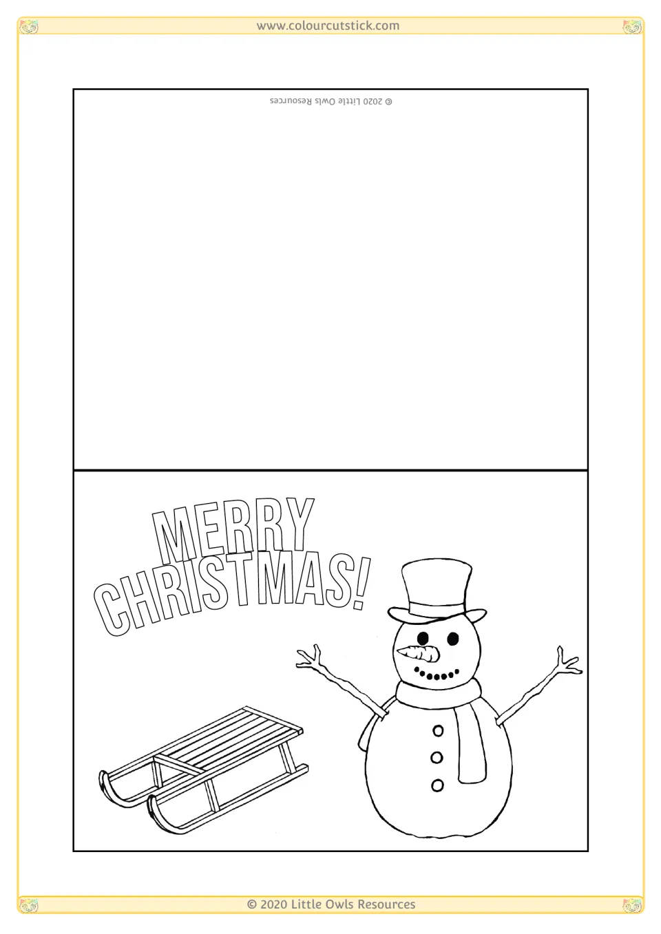 Christmas card template 8 for coloring, featuring 'MERRY CHRISTMAS!', a sled and a snowman in a top hat.