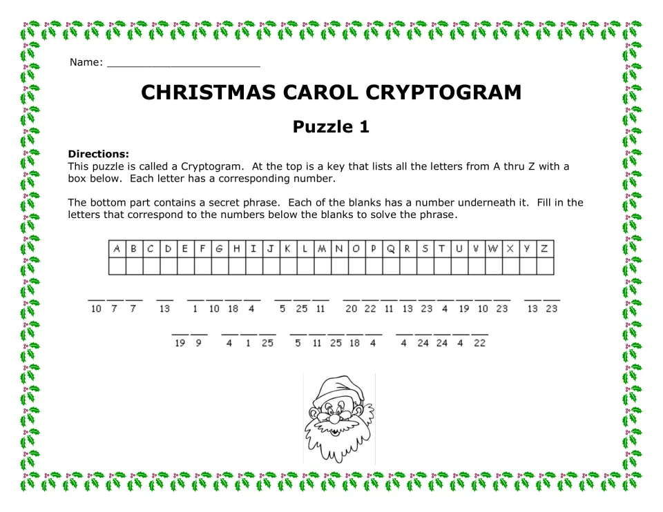 Carol cryptogram Puzzle 1: students use an A to Z number key to decode a 10-word carol line from numbers under blanks