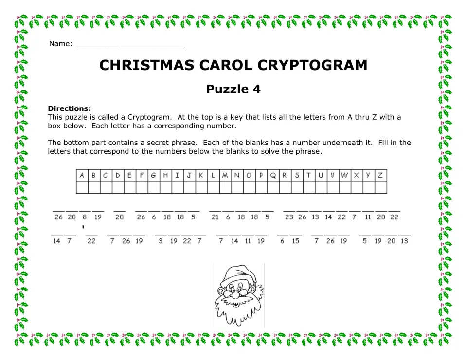 Puzzle 4 decoding practice: students crack a 12-word carol phrase that includes a contraction with an apostrophe