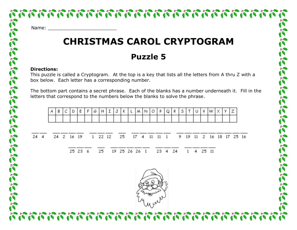 Puzzle 5 cryptogram: students translate numbers into letters with the alphabet key to spell an 11-word carol line