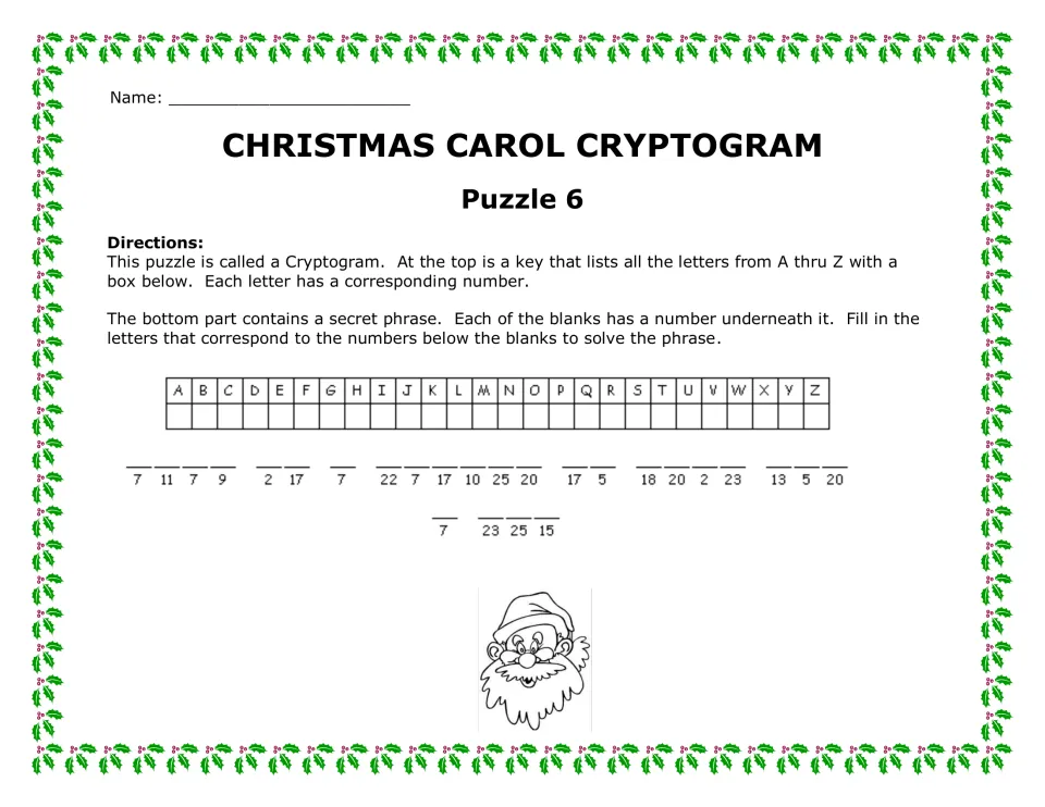 Puzzle 6 carol decoding: students write letters above coded numbers to uncover a 9-word phrase using the A to Z key