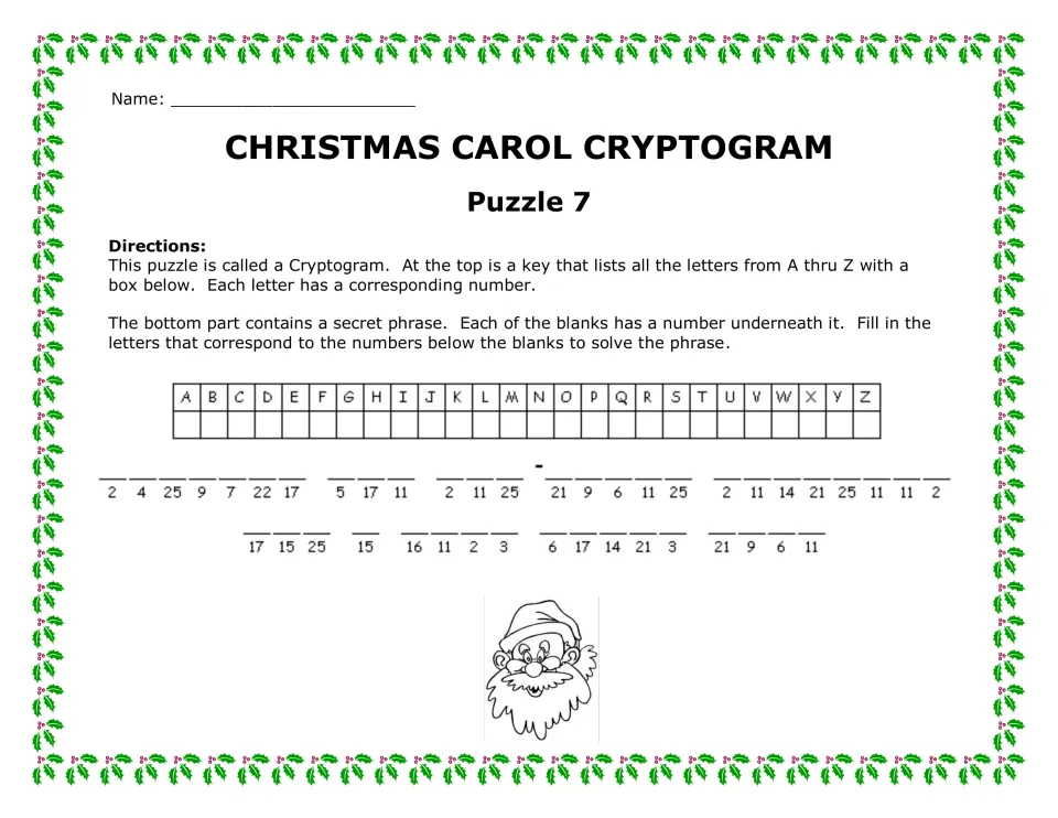 Puzzle 7 code-breaking: students decode a 10-word carol line that includes a hyphenated word, using the number key