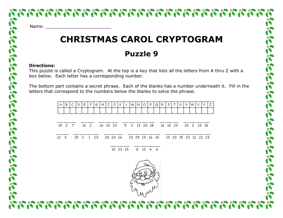 Puzzle 9 cryptogram: students decode a 13-word carol line spread over three rows, matching each number to a letter