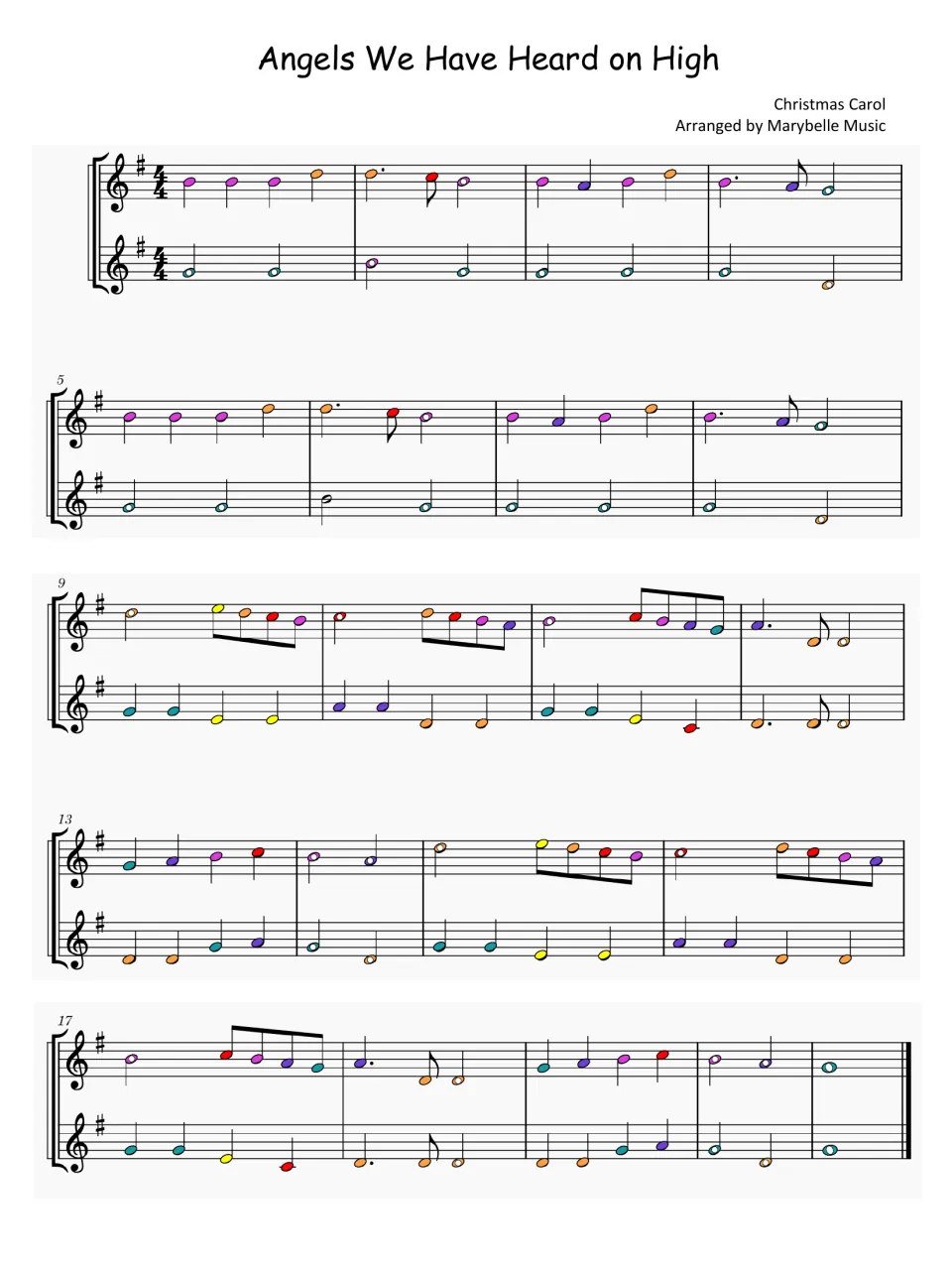 Complete two-part Boomwhackers score for Angels We Have Heard on High, with color-coded notes in 4/4 time.