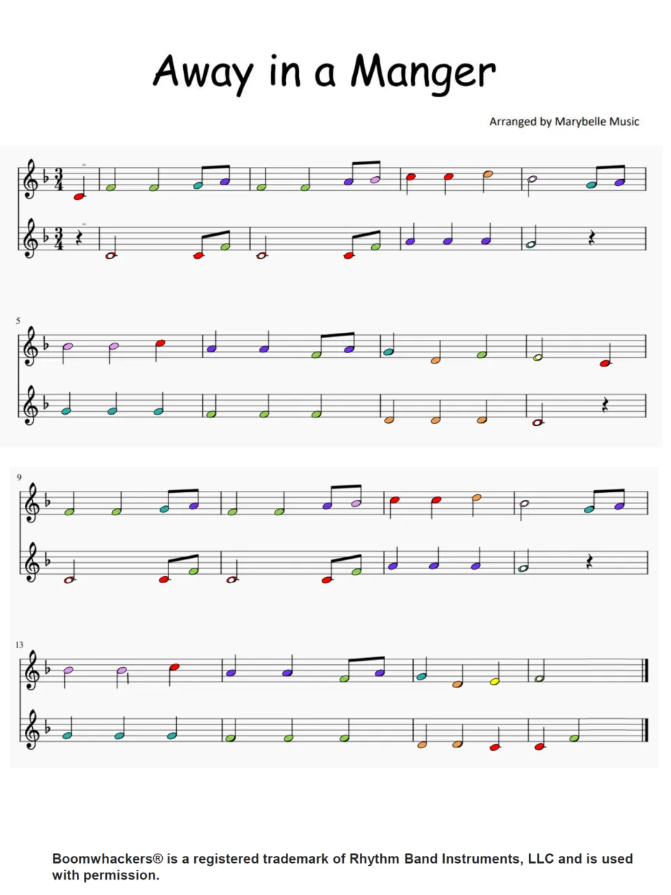 Two-part Boomwhackers score for Away in a Manger, with color-coded notes in 3/4 time and one flat.