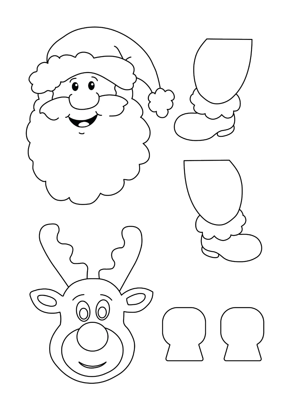 Cut-out pieces for Santa and the reindeer: students colour each head and pair of legs, then glue them onto the body strips