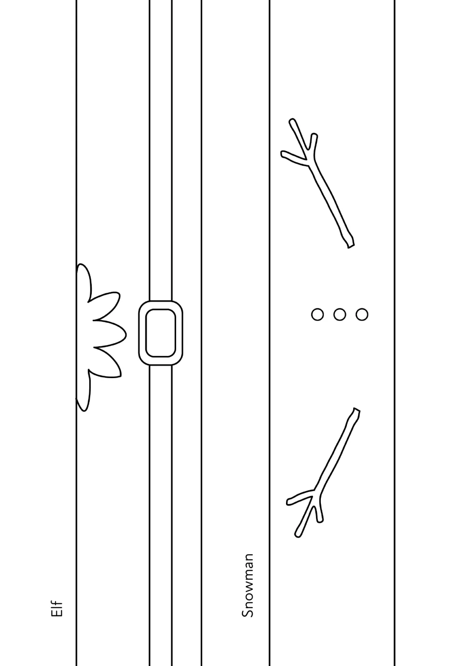 Elf and Snowman body strips to colour and cut out: the elf's belt and buckle, and the snowman's stick arms and buttons